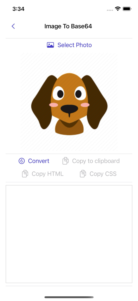 Image to Base64 Plus - A mobile app interface showing a cartoon dog image ready to be converted into Base64, HTML, or CSS code