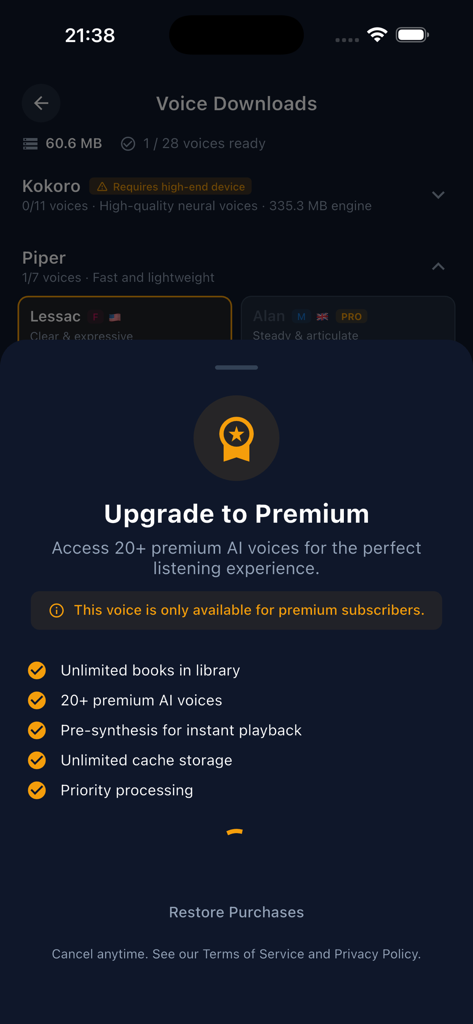 Eist - Audiobook Reader - Eistプレミアムアップグレード画面。無制限の書籍や20以上のプレミアムAI音声などのサブスクリプション特典が表示されている。
