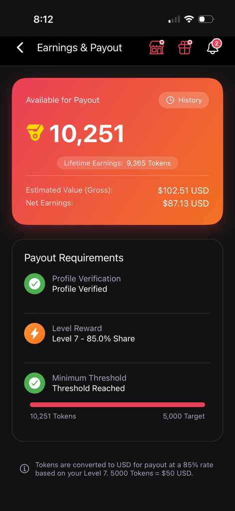 ForFans.me - Creator dashboard showing earnings in tokens and USD with payout requirements