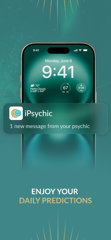 iPhone notification showing a new message from a psychic and a prompt to enjoy daily predictions.