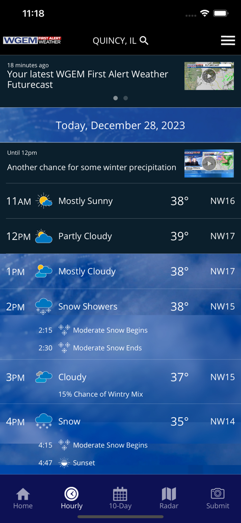 WGEM First Alert Weather app showing the hourly forecast for Quincy IL with upcoming snow showers and temperature details