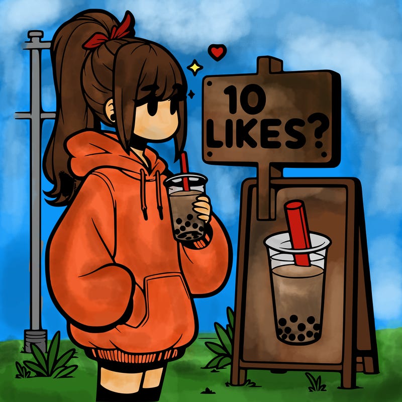 girl with oversized hoodie drinking boba and she has a high ponytail with a sign that says 10likes?