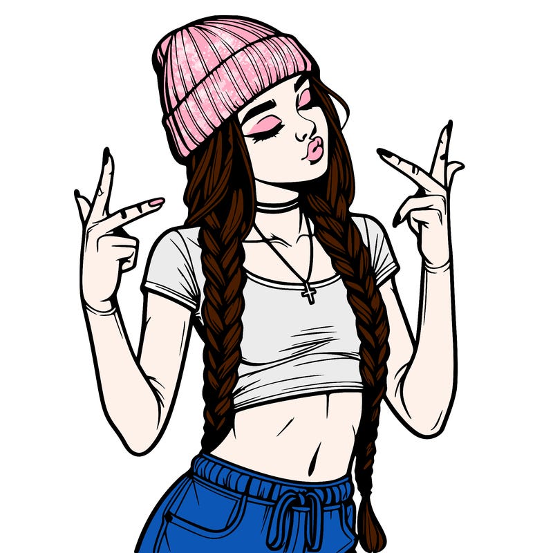 realistic teenage girl with braids and a beanie and crop top doing 🫶🏼