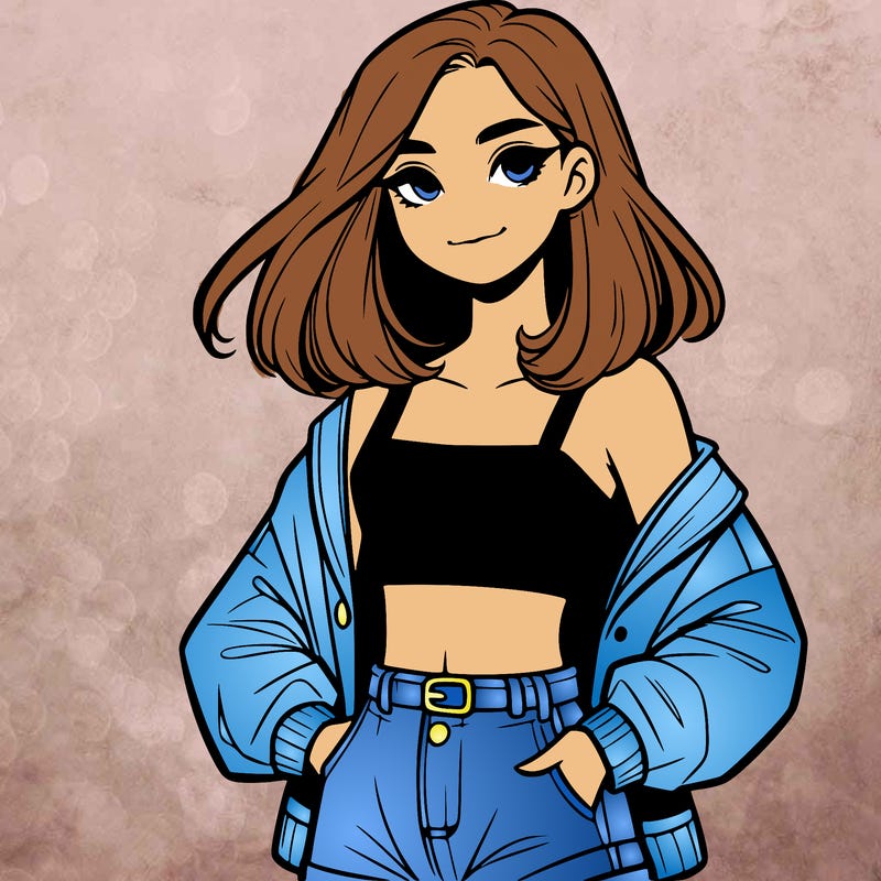 a realistic girl with a crop top and short shorts in an open jacket