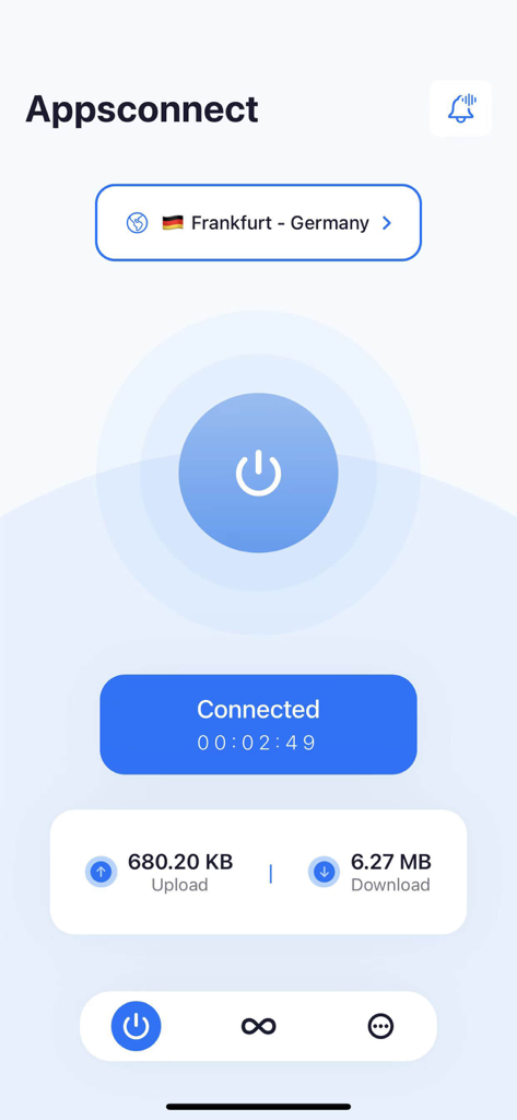 Painel do Apps Connect mostrando uma conexão ativa com um servidor em Frankfurt, Alemanha, com métricas de upload e download