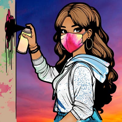 realistic girl with mask spray painting a wall