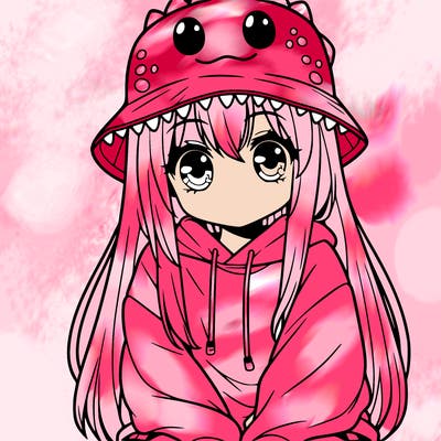 girl with anime shaped eyes with a dinosaur bucket hat oversized sweatshirt long straight hair