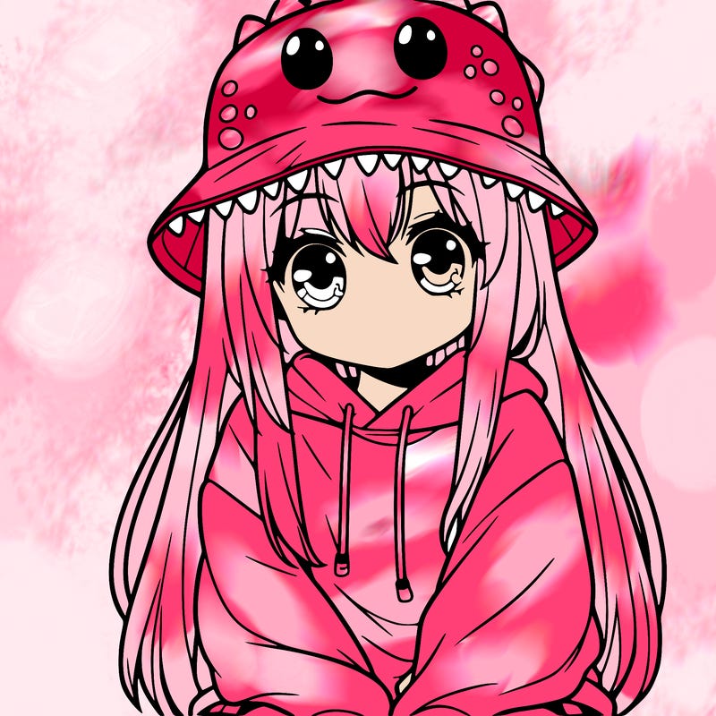 girl with anime shaped eyes with a dinosaur bucket hat oversized sweatshirt long straight hair