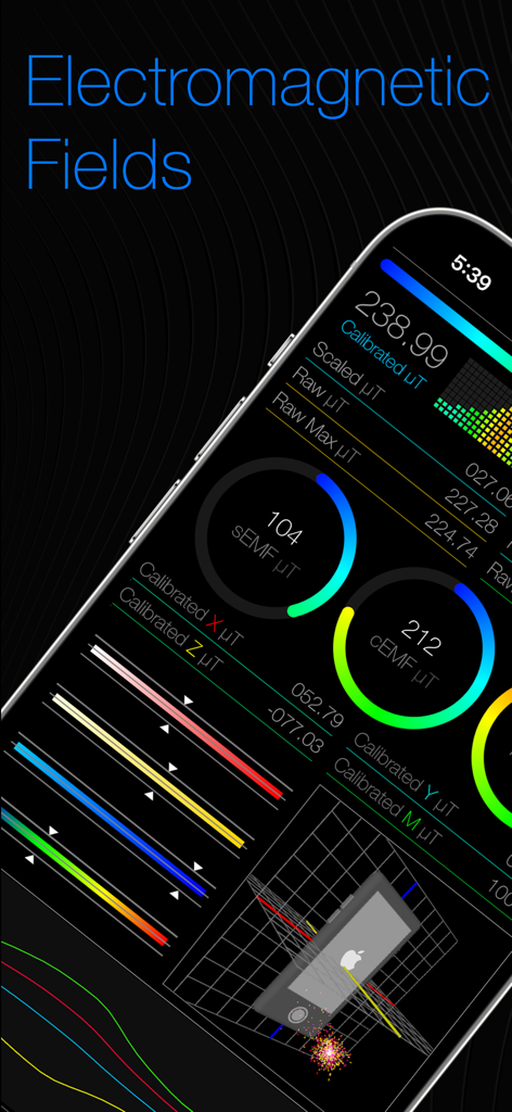 TeslaVision EMF Detector - Interfaccia dell'app TeslaVision che mostra misurazioni del campo elettromagnetico e visualizzazione dati 3D