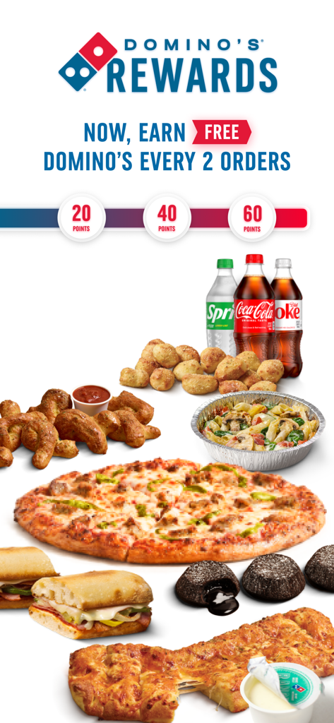 Domino's Rewards promotional screen showing various food items including pizza pasta and sandwiches with a point tracking system