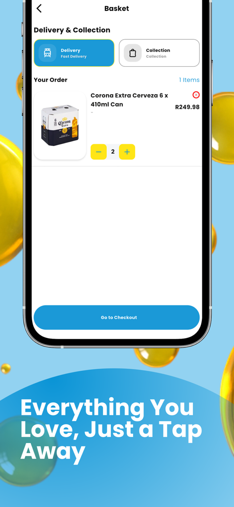 Liquor City - Liquor City mobile app interface showing a shopping basket with a beer order and checkout button.