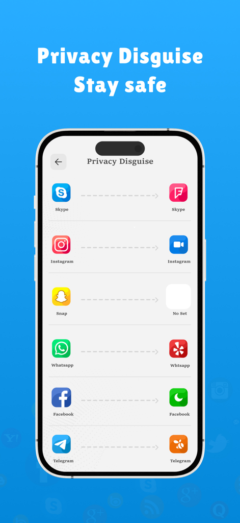 Parallel Space Dual Account - Privacy disguise feature showing renamed and customized social media app icons for dual accounts.