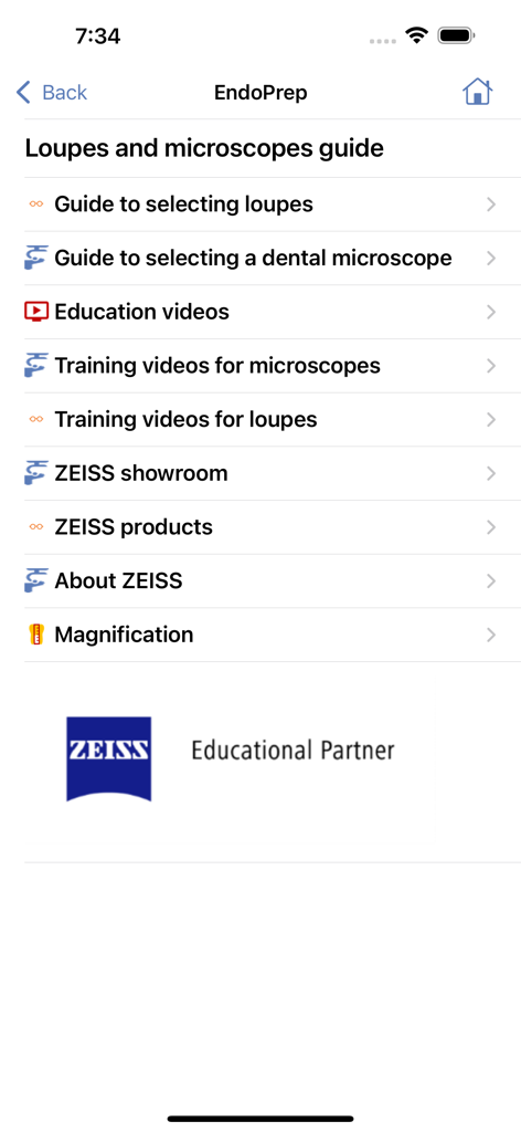 EndoPrep - EndoPrep app screen showing a menu for dental loupes and microscopes guides including ZEISS educational partnership resources