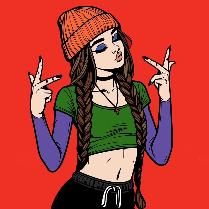 realistic teenage girl with braids and a beanie and crop top doing 🫶🏼