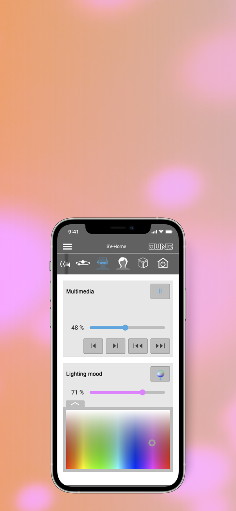 Smart Visu Server - マルチメディア再生コントロールと照明ムードカラーピッカーが表示されたSmart Visu Serverアプリのスマートフォン画面