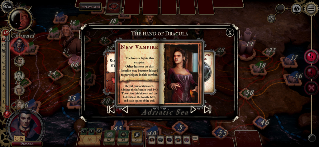 Fury of Dracula - Una captura de pantalla del juego de Fury of Dracula Digital Edition mostrando una carta de Nuevo Vampiro en la Mano de Drácula sobre un mapa de Europa.