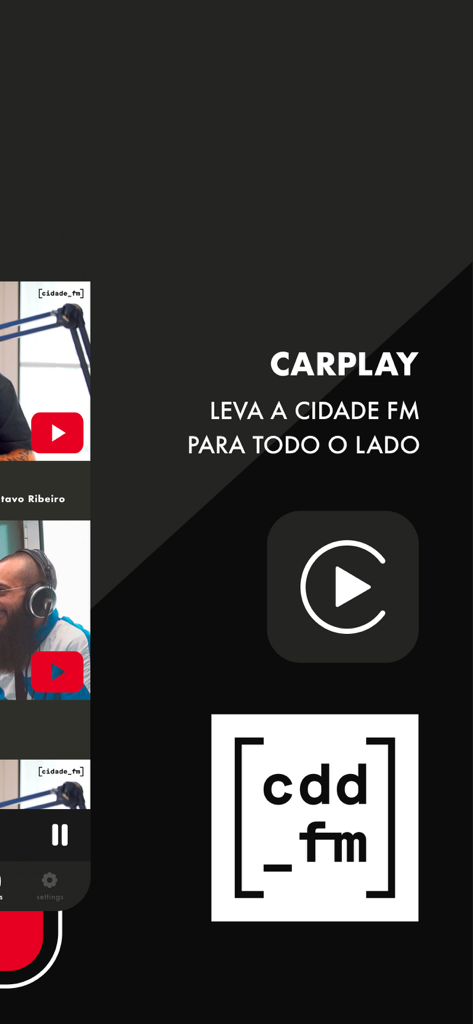 Ecrã da funcionalidade da aplicação de rádio Cidade FM destacando a integração com o Apple CarPlay.
