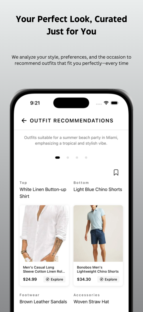 Ufit.AI - Interface do aplicativo móvel Ufit.AI mostrando recomendações de looks personalizados para uma festa na praia de verão