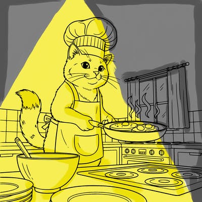 a cat wearing a apron and chef hat in a kitchen cooking breakfast
