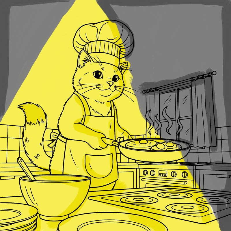 a cat wearing a apron and chef hat in a kitchen cooking breakfast