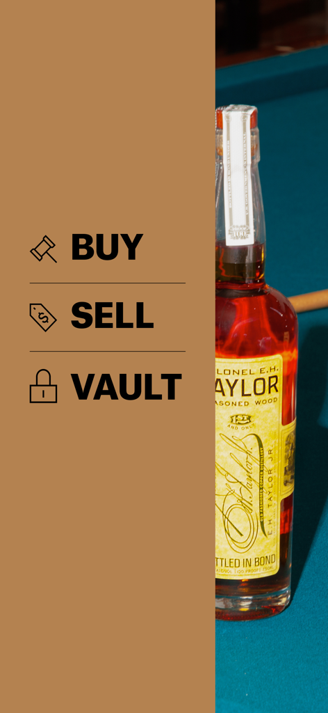 Schermata dell'app Unicorn Auctions che mostra le opzioni per acquistare, vendere e archiviare liquori rari accanto a una bottiglia di bourbon EH Taylor.