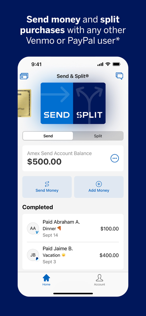 A tela Enviar e Dividir no aplicativo Amex exibindo um saldo e transações recentes de jantar e férias.