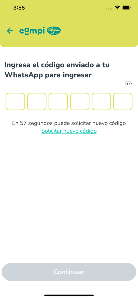 Compi Alpina - Pantalla de entrada del código de verificación de WhatsApp de la aplicación Compi Alpina