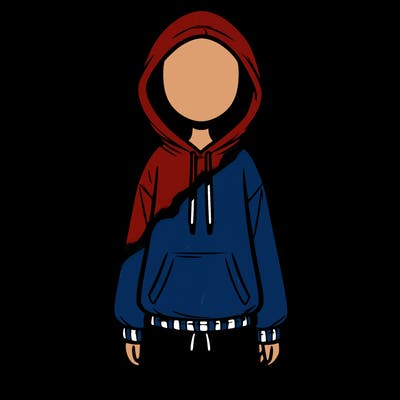 faceless girl in a tracksuit with a hood on and no hair