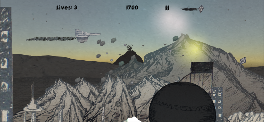 Gráficos de tinta dibujados a mano de una nave espacial volando sobre un paisaje montañoso en Weltraum Tinte.