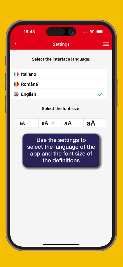 ルーマニア語辞書Hoepliアプリの設定画面で、イタリア語、ルーマニア語、英語のインターフェース言語選択とフォントサイズ調整が表示されている様子