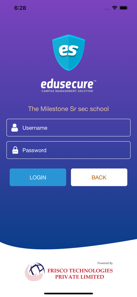 Login page of the Edusecure campus management solution app