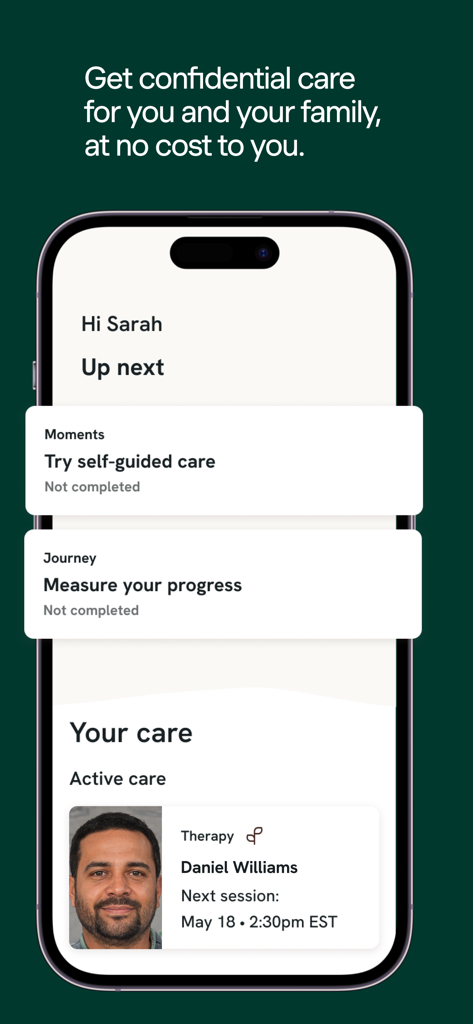 Spring Health 앱 대시보드에 개인 맞춤형 자가 관리 옵션과 예정된 치료 세션 일정이 표시됨