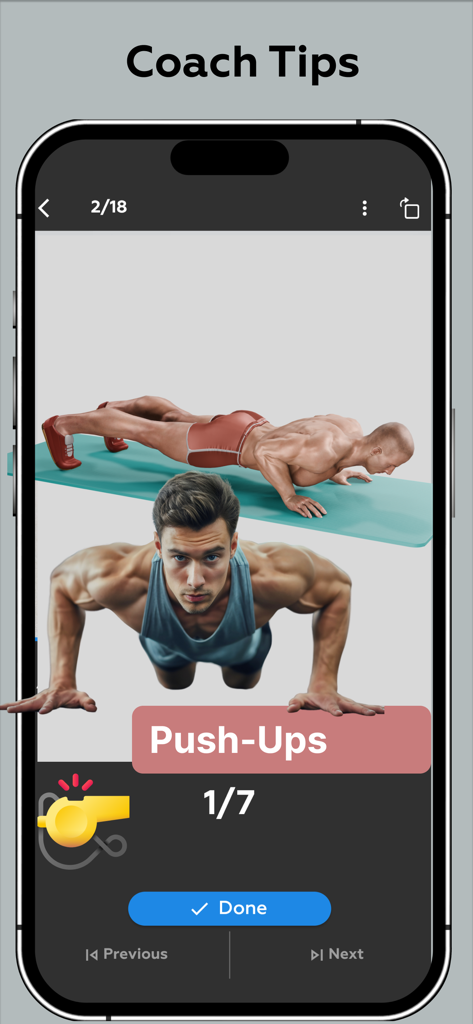 Home Workout - Fit At Home - Écran de smartphone montrant un homme animé en 3D effectuant des pompes avec des conseils d'entraîneur et un suivi des progrès de l'entraînement.
