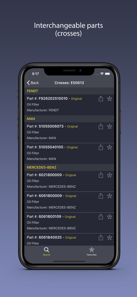 AutoParts for Mercedes Benz - Mobile app screen showing interchangeable Mercedes Benz oil filters with part numbers and manufacturers.