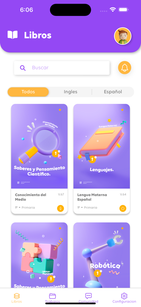 LBS Plus app interface showing a digital library of interactive educational books for kids