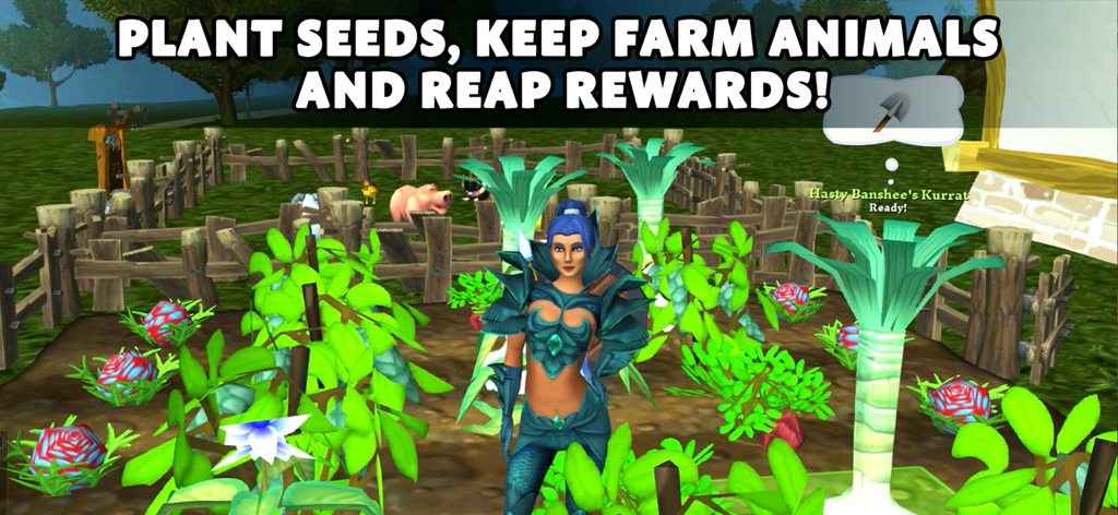 Villagers & Heroes - Personnage debout dans un jardin avec des animaux de la ferme dans Villagers and Heroes