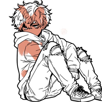 a male hoddie ripped jeans messy hair anime