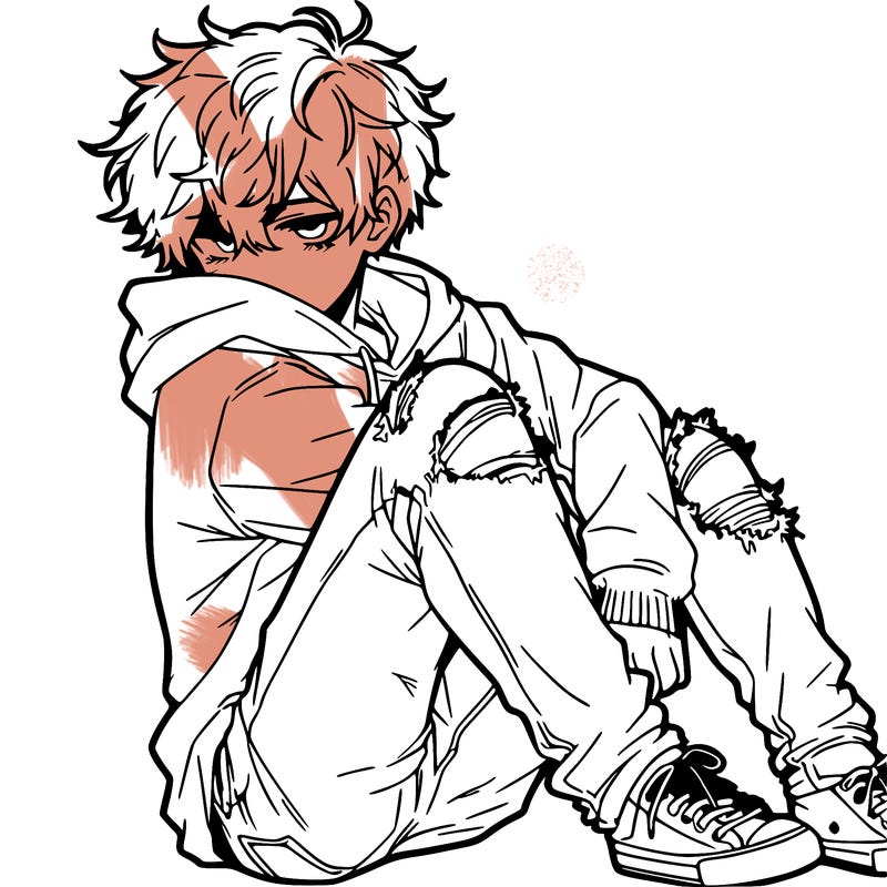 a male hoddie ripped jeans messy hair anime