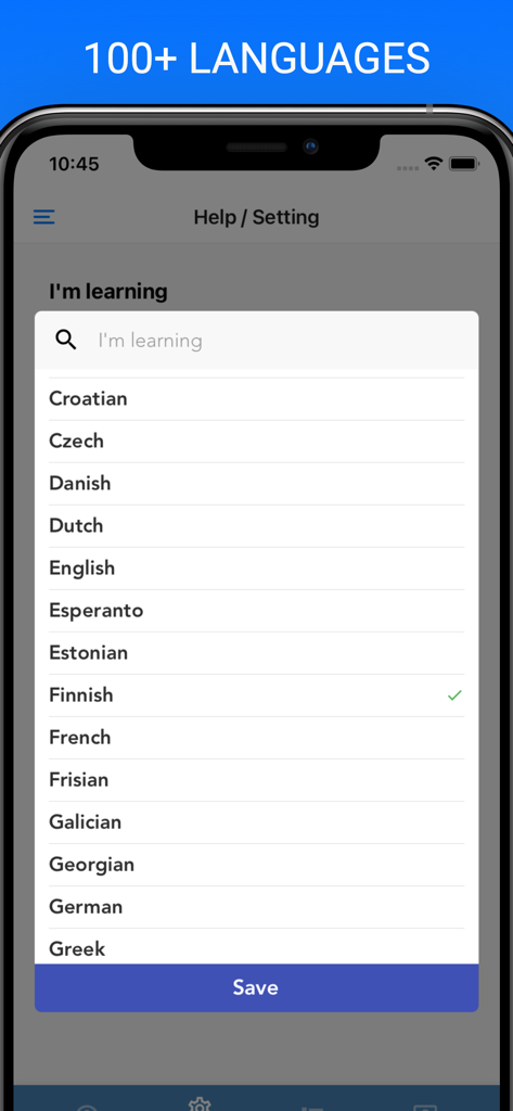 ReadLang WatchLang - Language selection screen in ReadLang WatchLang showing a list of over 100 available languages for learning