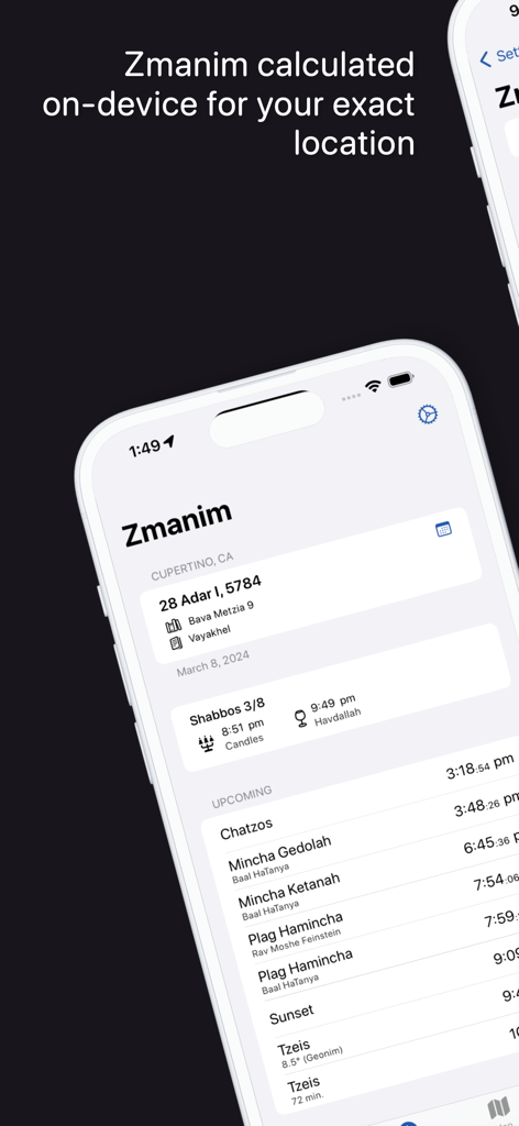 YidKit: Smart Siddur, Zmanim - YidKit app screen showing precise location based Jewish prayer times and Shabbos candle lighting