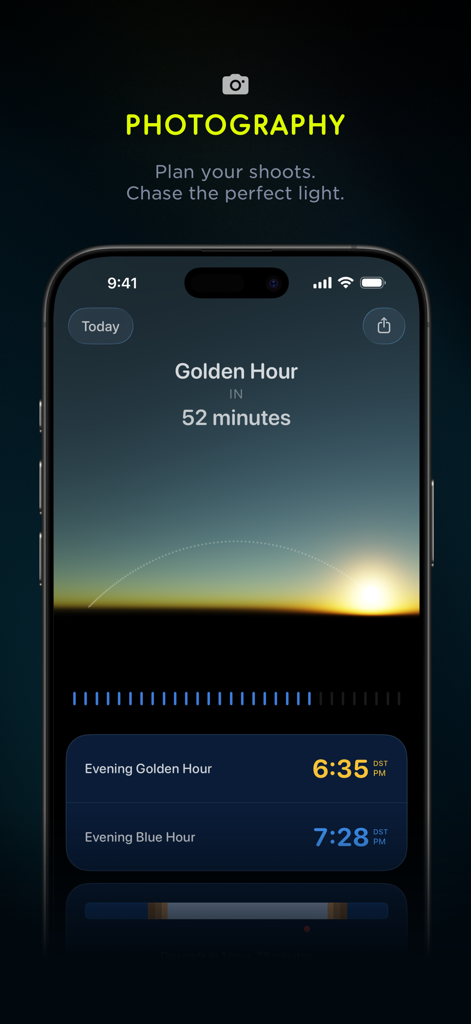 L'application Lumy affiche en mode photographie le compte à rebours de l'heure dorée et l'heure du coucher du soleil sur un écran d'iPhone.