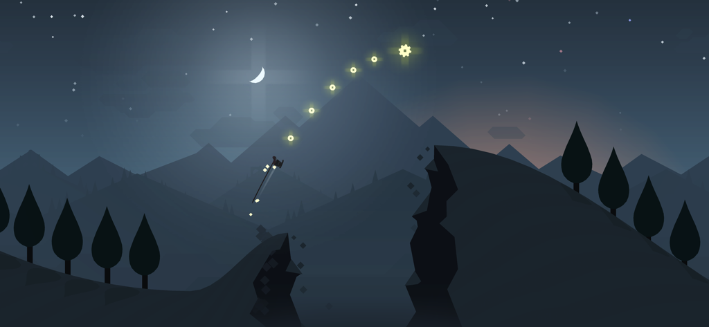 Alto's Adventure - A minimalist night scene in Altos Adventure showing a character jumping over a chasm under a crescent moon with glowing coins.