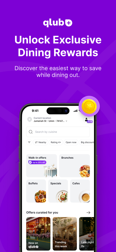 Mobile app interface of qlub Plus showing various dining reward categories and curated restaurant offers