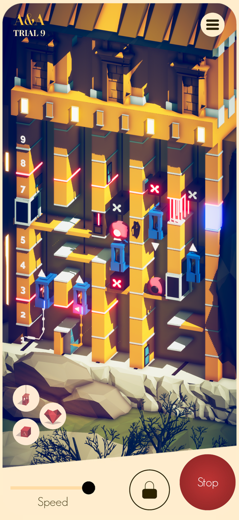 The Valley of the Architects - Niveau de puzzle isométrique d'ascenseur architectural avec des étages numérotés dans un décor de diorama ensoleillé