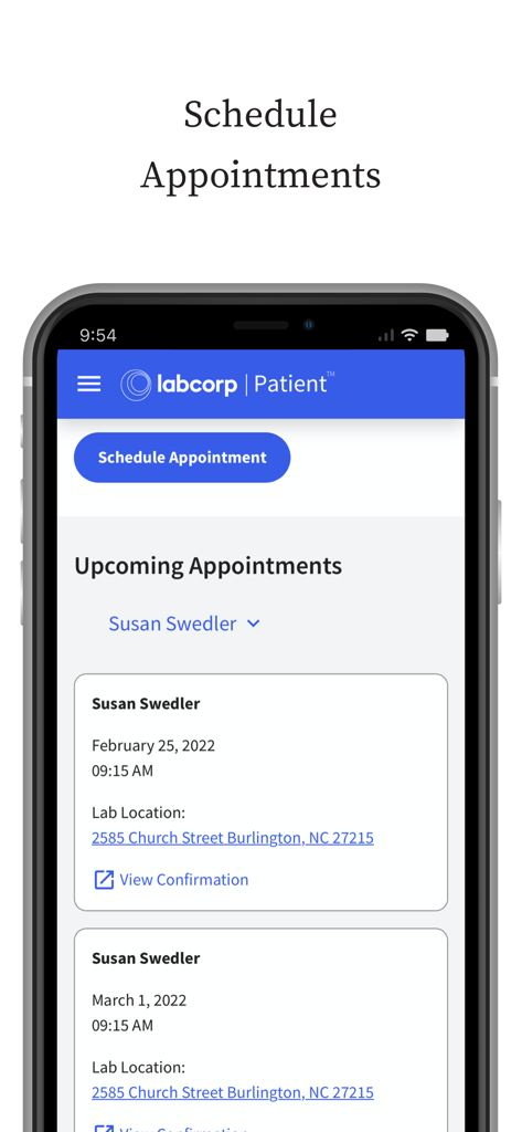 Labcorp | Patient - Interfaz de la aplicación Labcorp Paciente que muestra próximas citas y un botón para programar una nueva cita.
