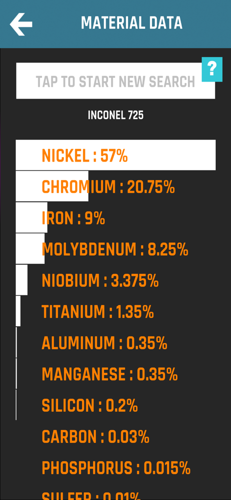 CNC Machinist Calculator Pro - CNC Machinist Calculator Pro material data screen showing Inconel 725 chemical composition