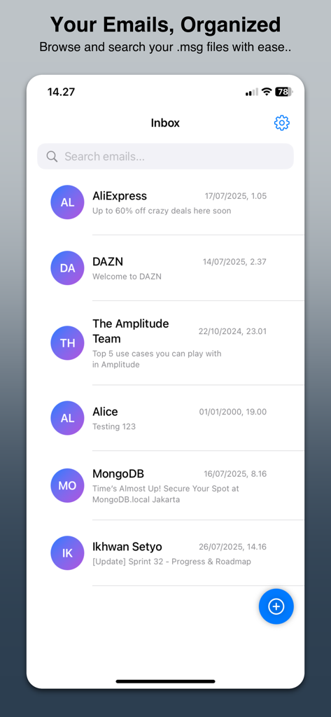 .msg : Email Viewer - Lista organizada da caixa de entrada no aplicativo .msg Email Viewer para iPhone.