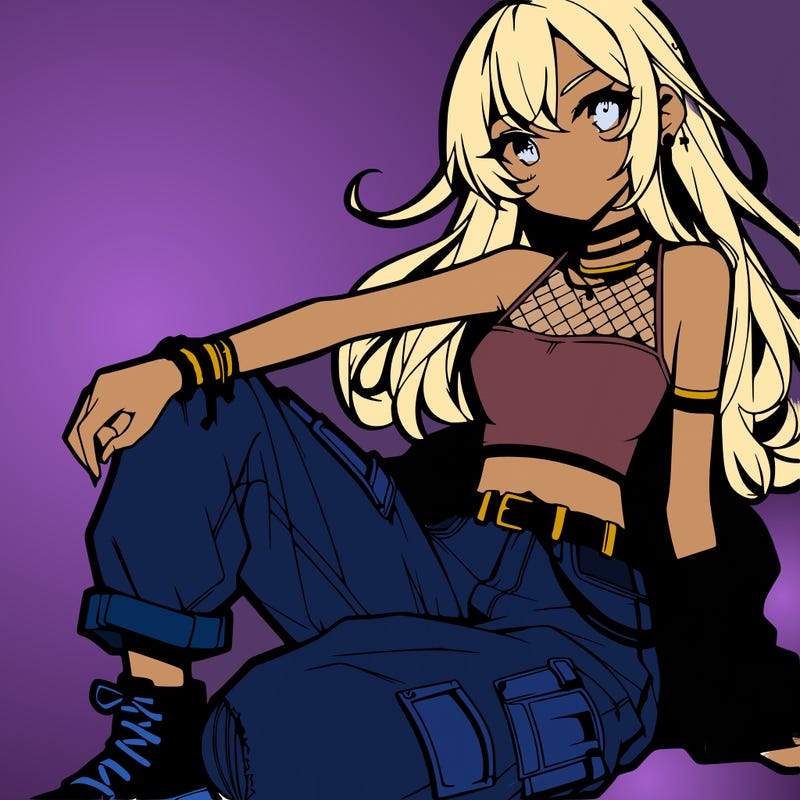 anime girl with a crop top and ripped jeans