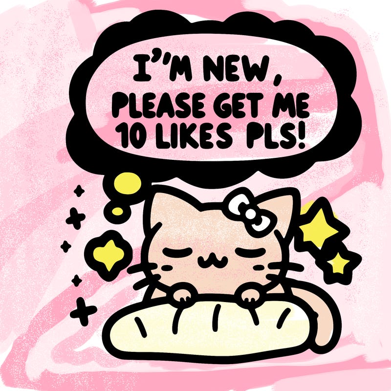 kitty taking a nap dream talking and saying "i'm new, please get me at least 10 likes pls!!"