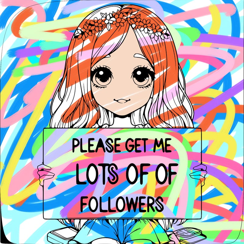 realistic girl holding sign that says please get me lots of followers